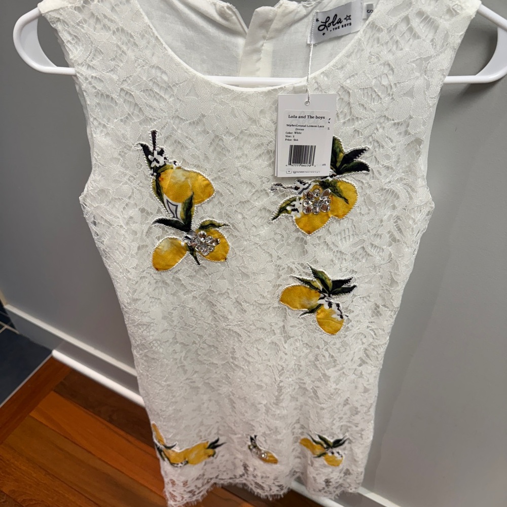Lola + The Boys White Lace Dress with Yellow Floral Embroidery
